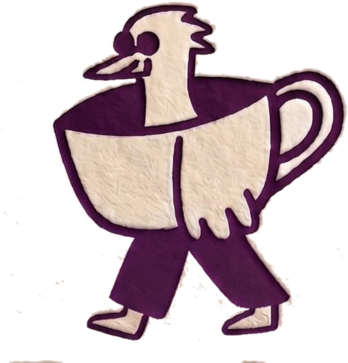 The EmpOo mascot — a friendly character that is half teacup, half bird, mid-stride.